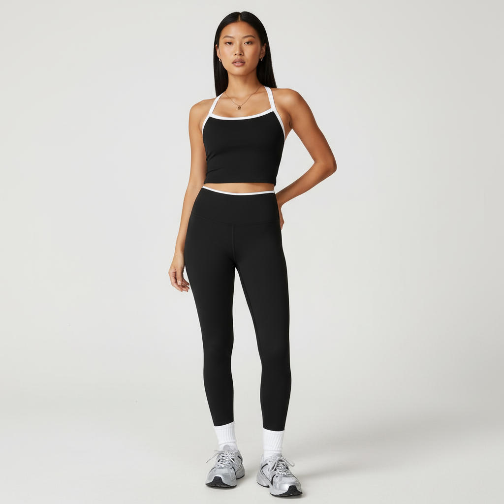 Rhythm women's activewear set — black crop top and leggings, full look